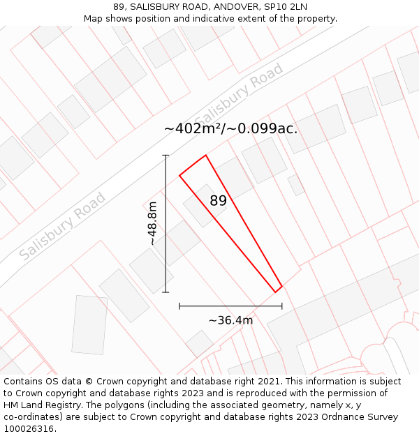 89, SALISBURY ROAD, ANDOVER, SP10 2LN: Plot and title map