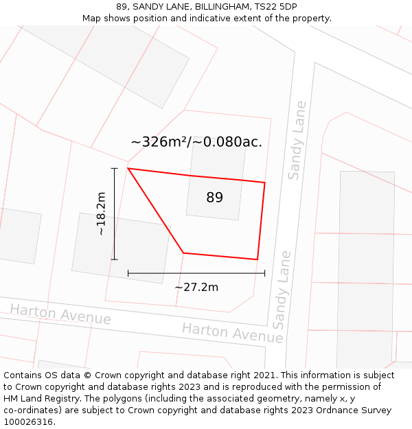 89, SANDY LANE, BILLINGHAM, TS22 5DP: Plot and title map