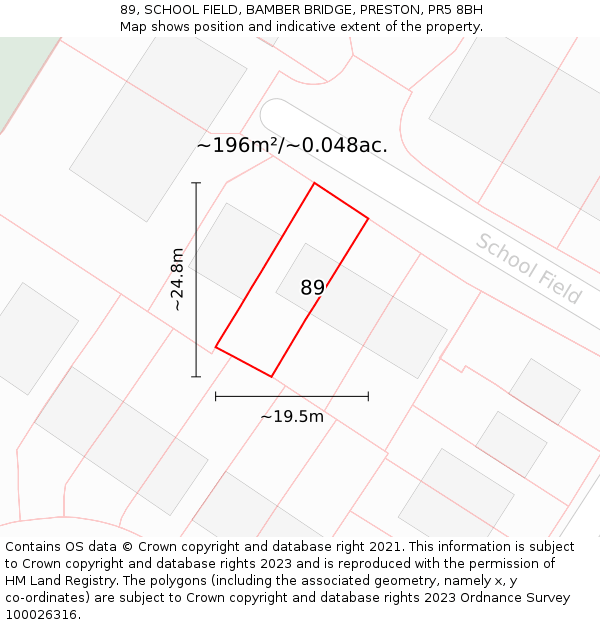 89, SCHOOL FIELD, BAMBER BRIDGE, PRESTON, PR5 8BH: Plot and title map