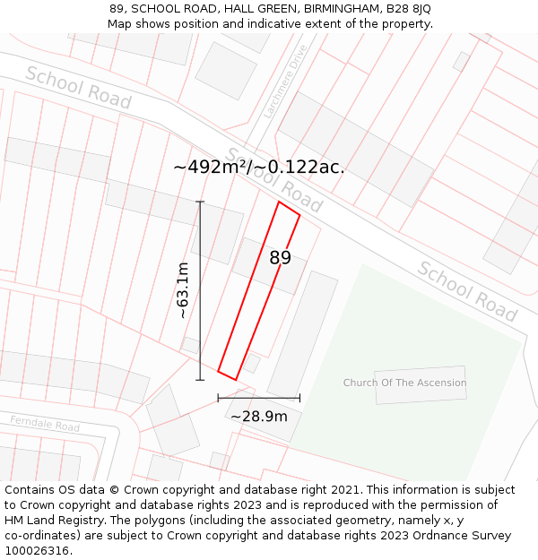 89, SCHOOL ROAD, HALL GREEN, BIRMINGHAM, B28 8JQ: Plot and title map
