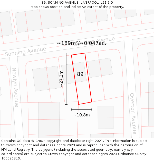89, SONNING AVENUE, LIVERPOOL, L21 9JQ: Plot and title map