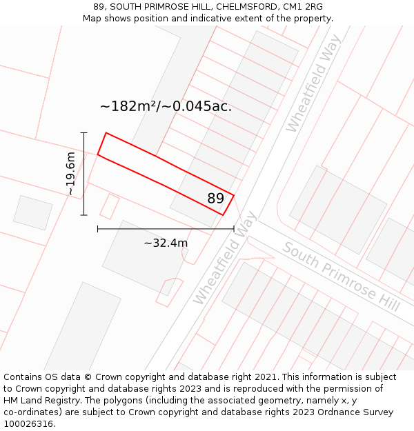 89, SOUTH PRIMROSE HILL, CHELMSFORD, CM1 2RG: Plot and title map