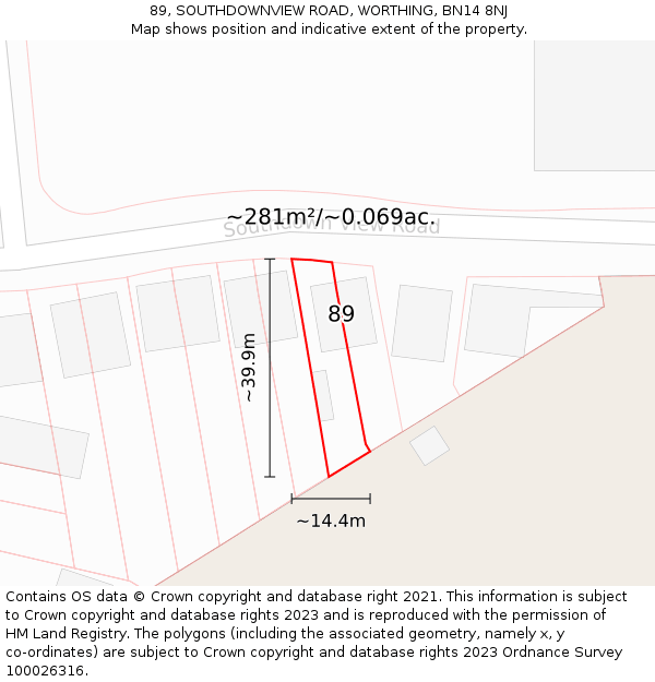 89, SOUTHDOWNVIEW ROAD, WORTHING, BN14 8NJ: Plot and title map