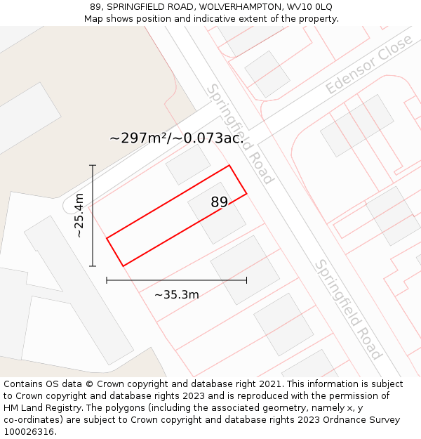 89, SPRINGFIELD ROAD, WOLVERHAMPTON, WV10 0LQ: Plot and title map