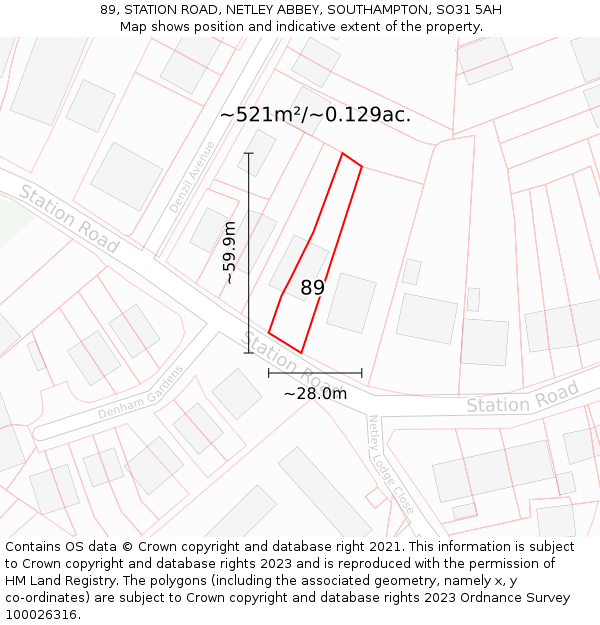 89, STATION ROAD, NETLEY ABBEY, SOUTHAMPTON, SO31 5AH: Plot and title map