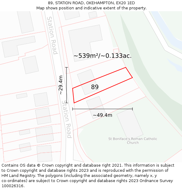 89, STATION ROAD, OKEHAMPTON, EX20 1ED: Plot and title map