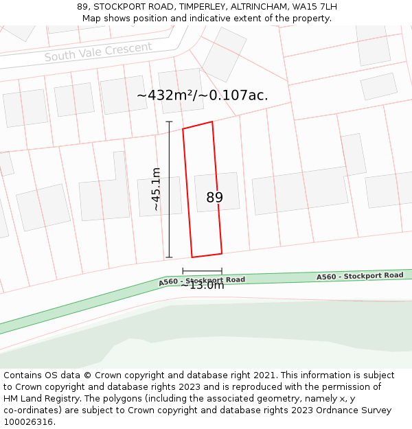 89, STOCKPORT ROAD, TIMPERLEY, ALTRINCHAM, WA15 7LH: Plot and title map