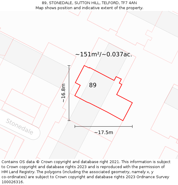 89, STONEDALE, SUTTON HILL, TELFORD, TF7 4AN: Plot and title map