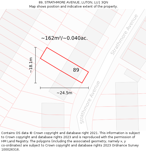 89, STRATHMORE AVENUE, LUTON, LU1 3QN: Plot and title map