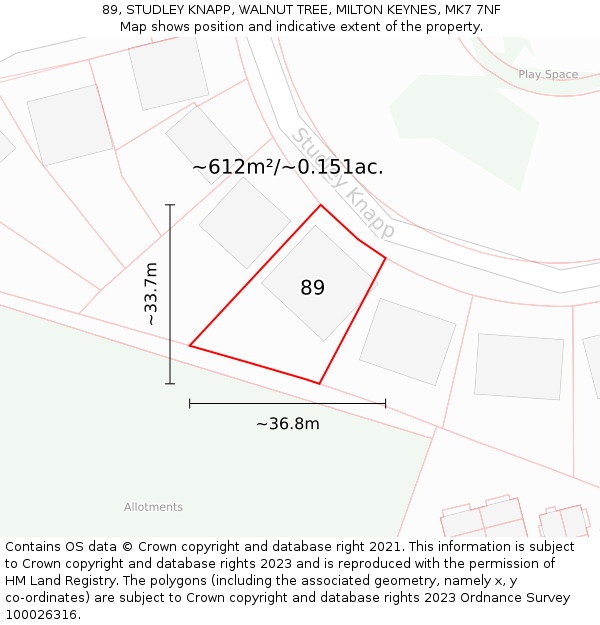 89, STUDLEY KNAPP, WALNUT TREE, MILTON KEYNES, MK7 7NF: Plot and title map