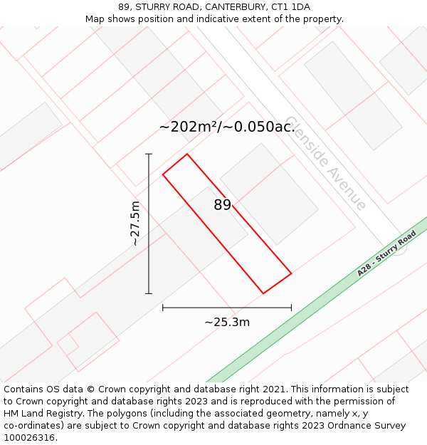 89, STURRY ROAD, CANTERBURY, CT1 1DA: Plot and title map