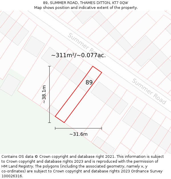 89, SUMMER ROAD, THAMES DITTON, KT7 0QW: Plot and title map