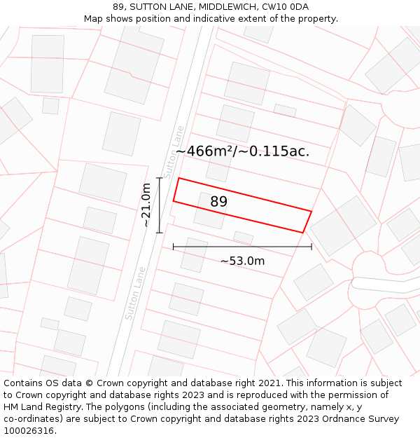 89, SUTTON LANE, MIDDLEWICH, CW10 0DA: Plot and title map