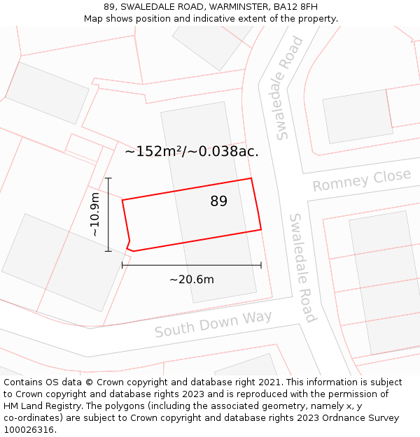 89, SWALEDALE ROAD, WARMINSTER, BA12 8FH: Plot and title map