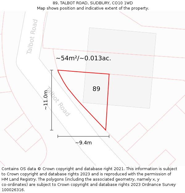 89, TALBOT ROAD, SUDBURY, CO10 1WD: Plot and title map