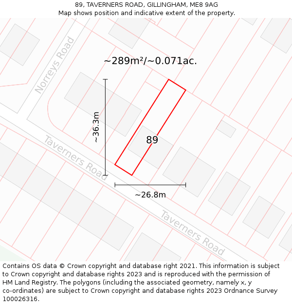 89, TAVERNERS ROAD, GILLINGHAM, ME8 9AG: Plot and title map
