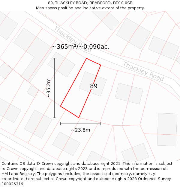 89, THACKLEY ROAD, BRADFORD, BD10 0SB: Plot and title map