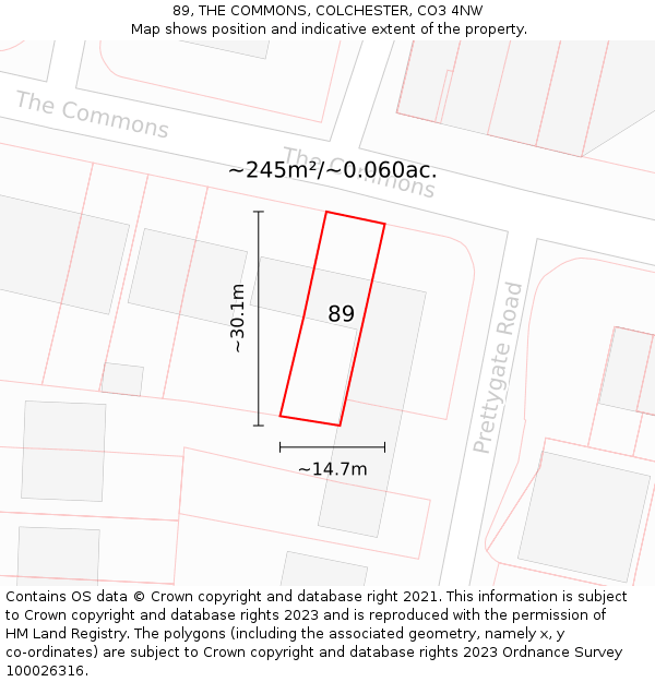 89, THE COMMONS, COLCHESTER, CO3 4NW: Plot and title map