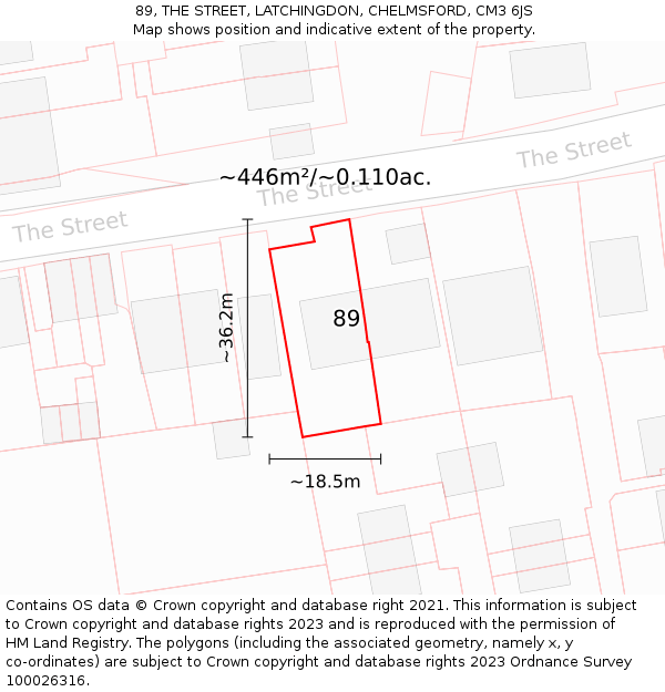 89, THE STREET, LATCHINGDON, CHELMSFORD, CM3 6JS: Plot and title map