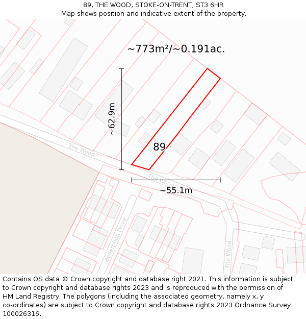 89, THE WOOD, STOKE-ON-TRENT, ST3 6HR: Plot and title map