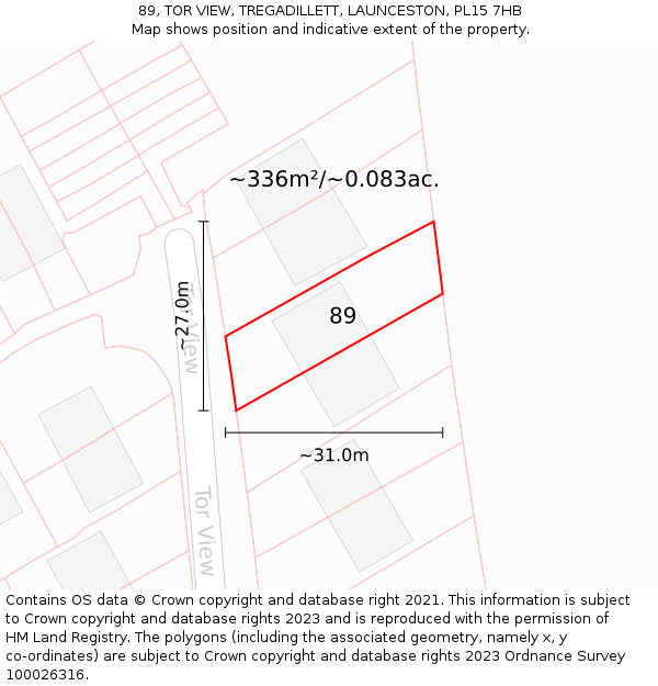 89, TOR VIEW, TREGADILLETT, LAUNCESTON, PL15 7HB: Plot and title map