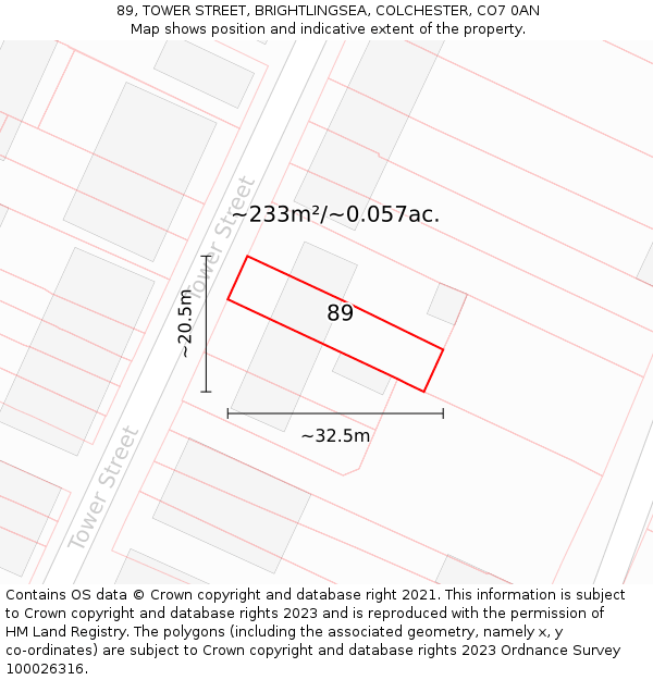 89, TOWER STREET, BRIGHTLINGSEA, COLCHESTER, CO7 0AN: Plot and title map