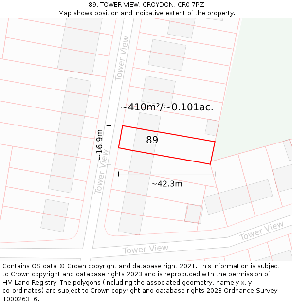 89, TOWER VIEW, CROYDON, CR0 7PZ: Plot and title map