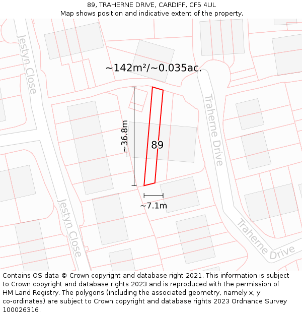 89, TRAHERNE DRIVE, CARDIFF, CF5 4UL: Plot and title map