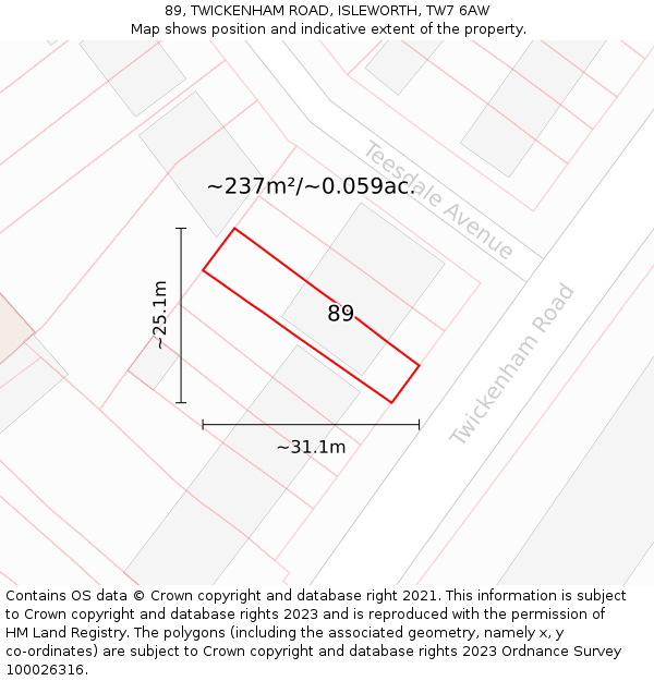 89, TWICKENHAM ROAD, ISLEWORTH, TW7 6AW: Plot and title map