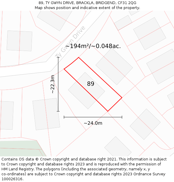 89, TY GWYN DRIVE, BRACKLA, BRIDGEND, CF31 2QG: Plot and title map