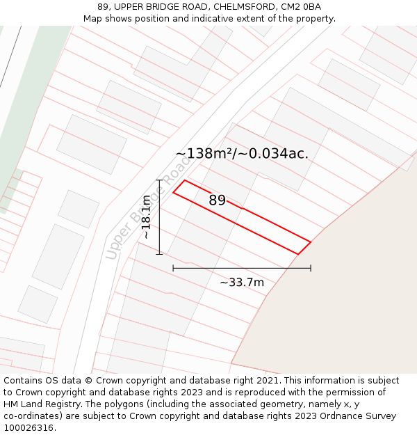 89, UPPER BRIDGE ROAD, CHELMSFORD, CM2 0BA: Plot and title map