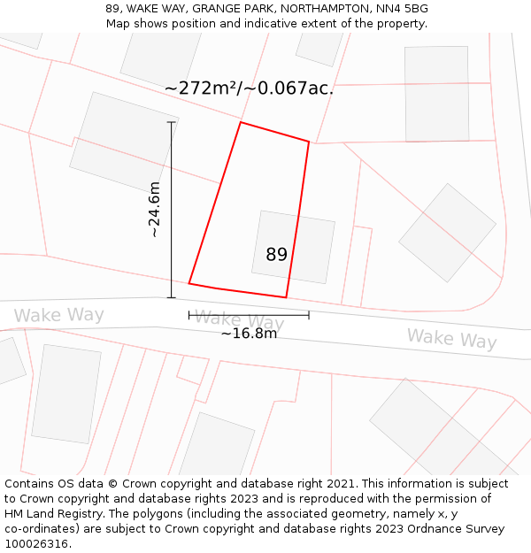 89, WAKE WAY, GRANGE PARK, NORTHAMPTON, NN4 5BG: Plot and title map