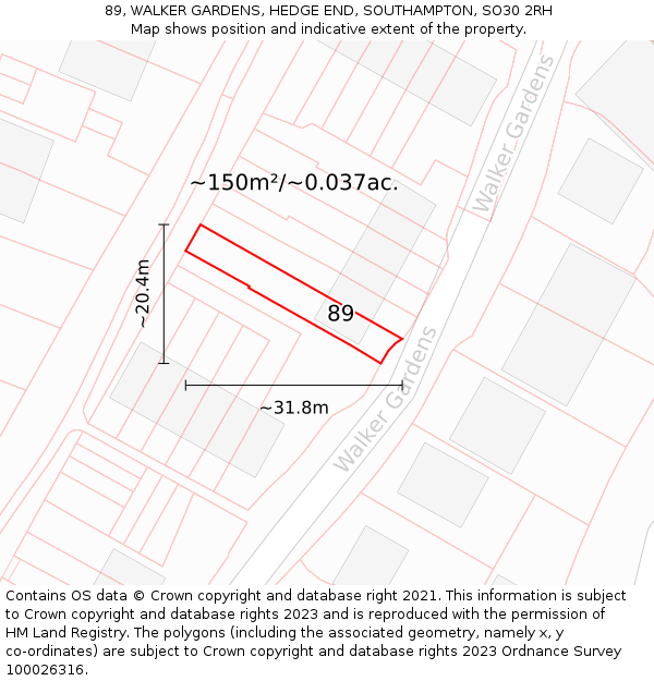 89, WALKER GARDENS, HEDGE END, SOUTHAMPTON, SO30 2RH: Plot and title map