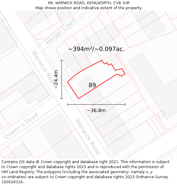 89, WARWICK ROAD, KENILWORTH, CV8 1HP: Plot and title map