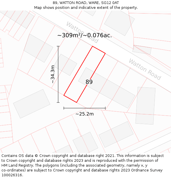 89, WATTON ROAD, WARE, SG12 0AT: Plot and title map