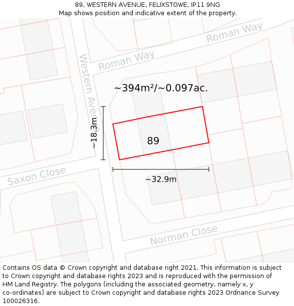 89, WESTERN AVENUE, FELIXSTOWE, IP11 9NG: Plot and title map