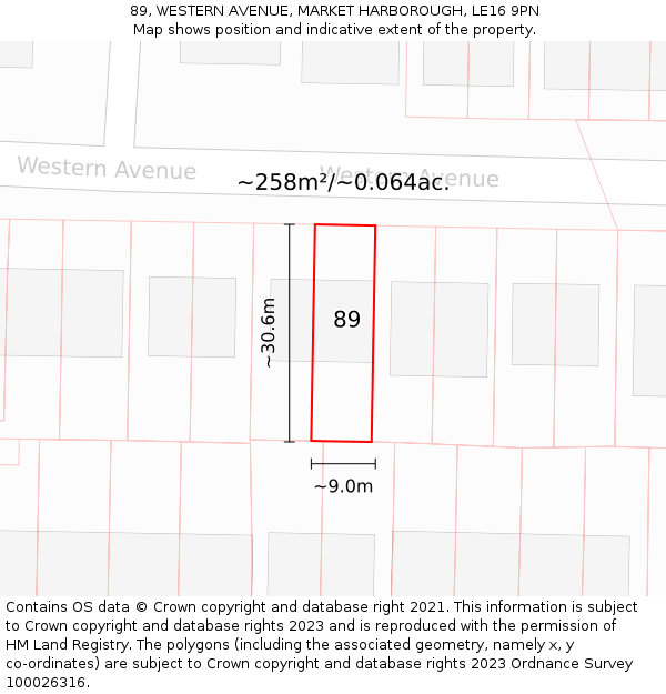 89, WESTERN AVENUE, MARKET HARBOROUGH, LE16 9PN: Plot and title map