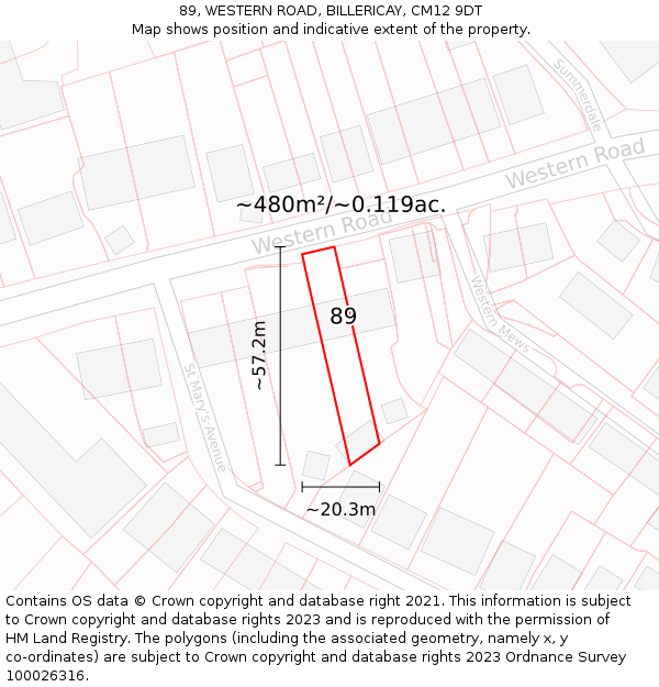 89, WESTERN ROAD, BILLERICAY, CM12 9DT: Plot and title map