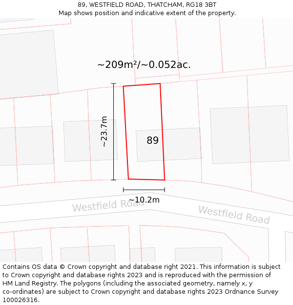 89, WESTFIELD ROAD, THATCHAM, RG18 3BT: Plot and title map