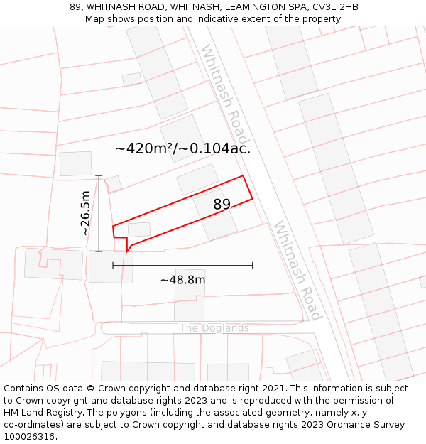 89, WHITNASH ROAD, WHITNASH, LEAMINGTON SPA, CV31 2HB: Plot and title map