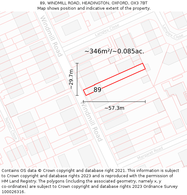89, WINDMILL ROAD, HEADINGTON, OXFORD, OX3 7BT: Plot and title map