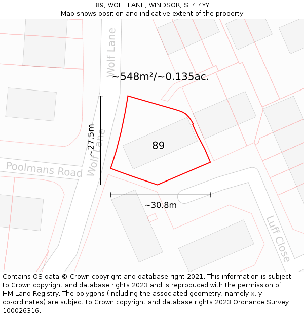89, WOLF LANE, WINDSOR, SL4 4YY: Plot and title map