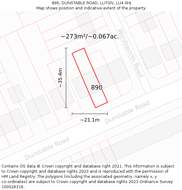 890, DUNSTABLE ROAD, LUTON, LU4 0HJ: Plot and title map