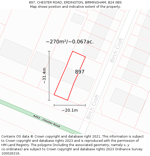 897, CHESTER ROAD, ERDINGTON, BIRMINGHAM, B24 0BS: Plot and title map