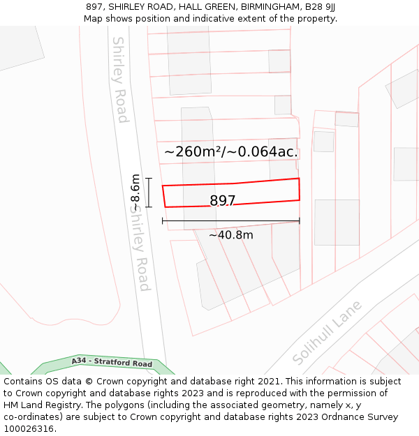 897, SHIRLEY ROAD, HALL GREEN, BIRMINGHAM, B28 9JJ: Plot and title map