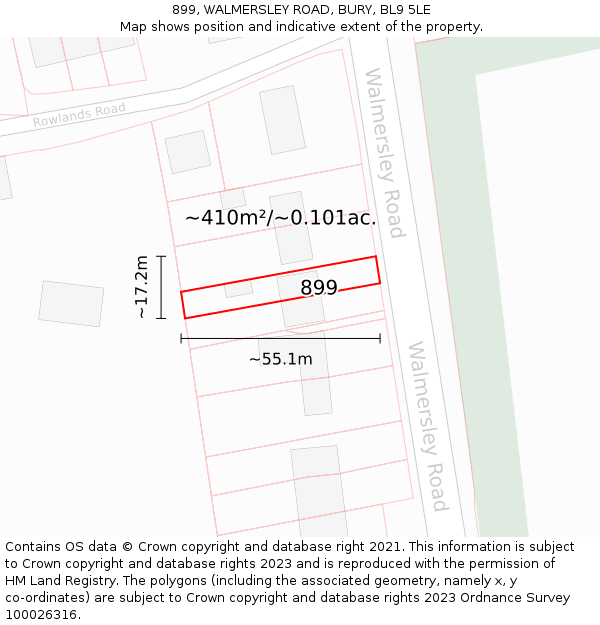 899, WALMERSLEY ROAD, BURY, BL9 5LE: Plot and title map