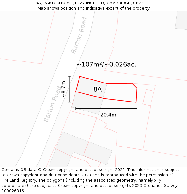 8A, BARTON ROAD, HASLINGFIELD, CAMBRIDGE, CB23 1LL: Plot and title map