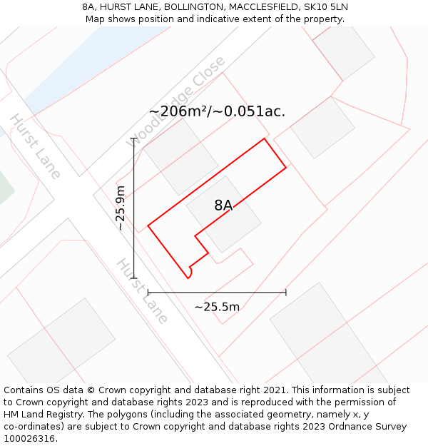 8A, HURST LANE, BOLLINGTON, MACCLESFIELD, SK10 5LN: Plot and title map