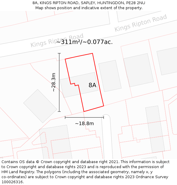 8A, KINGS RIPTON ROAD, SAPLEY, HUNTINGDON, PE28 2NU: Plot and title map