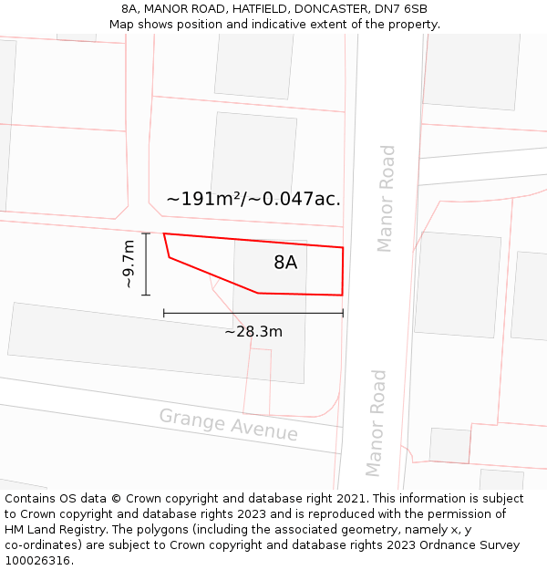 8A, MANOR ROAD, HATFIELD, DONCASTER, DN7 6SB: Plot and title map